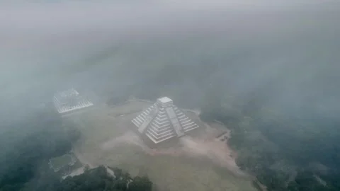 Fog Rolling Over Chitchen Itza Historic Ruins Drone Aerial Cinematic South Видео 347844767