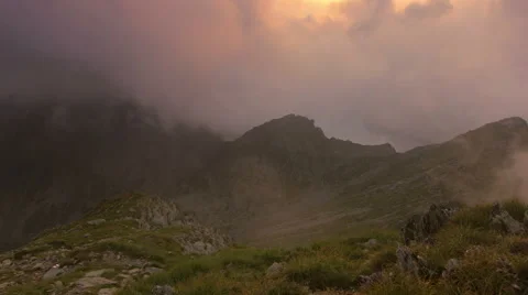 Fog rolling over ridge alpine meadow HD Stock Footage 41153068