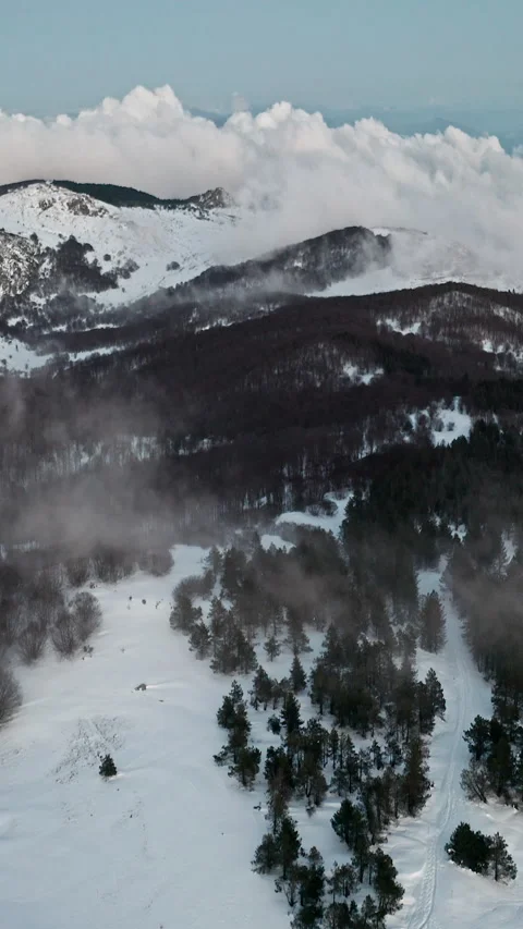 Fog Rolling Over Snow-Draped Forested Hills with Distant Cloud Banks Vídeos de archivo 334772465