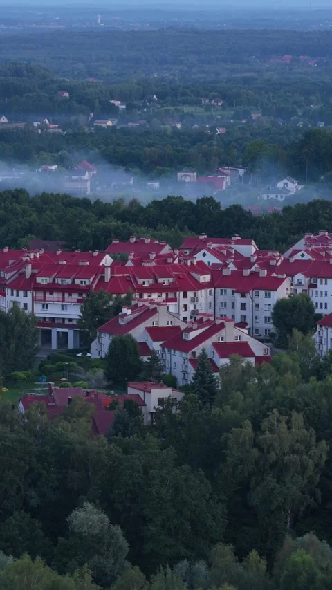 Fog rolling over a town with red-roofed buildings nestled in a lush green forest Stock Footage 347882427