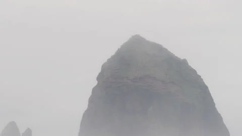 Fog rolls past Haystack Rock on the Oregon coast on a moody day Vídeo Stock 196279053