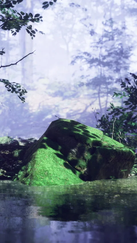 Fog settles on a rock surrounded by green plants near calm water at dusk 스톡 동영상 334049275