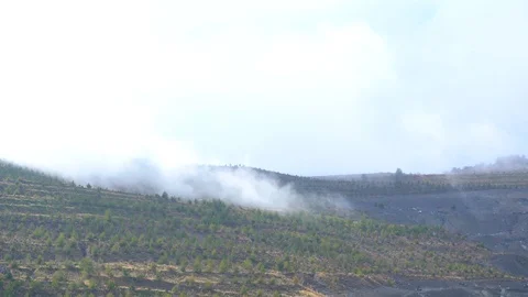 Fog sitting down on Biodiversity Conservation area of Amiantos abandoned Mine Stock Footage 108370709
