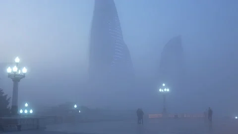 Fog time in the park at the highest point of Baku. Video stock 234342478