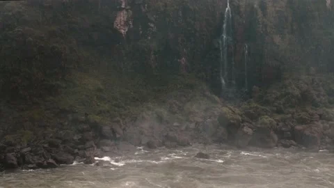 Fog on top of the river and waterfall Stock Footage 138155020