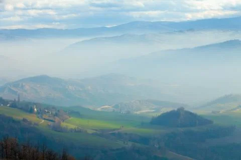 Fog in the valleys of Tuscany Stock Photos