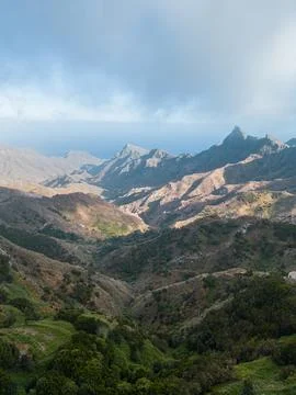 Fog with wind and misty cloud in green mountains, Anaga park, Tenerife, Canary Stock Photos