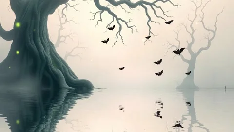 Foggy, Abstract Trees with Bats: Bats flying through the trees in this Moody sc Video stock 330320536