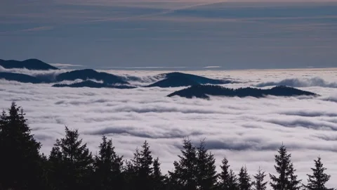 Foggy clouds moving fast in forest mountain valley nature Time lapse Stock Footage 143490747