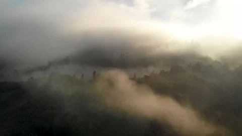 Foggy clouds wandering between hills during sunrise in New Zealand - aerial shot Video stock 153476367