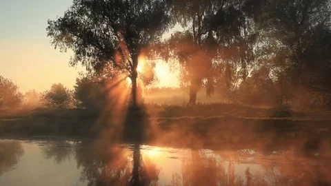 Foggy dawn over a beautiful spring river Stock-Footage 78149060