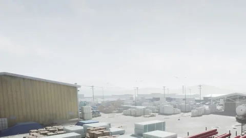 Foggy day at a shipping yard with containers and buildings in view Stock Footage 344286583