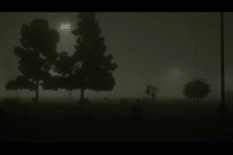 Foggy empty park with trees and benches Stock Footage 297532153