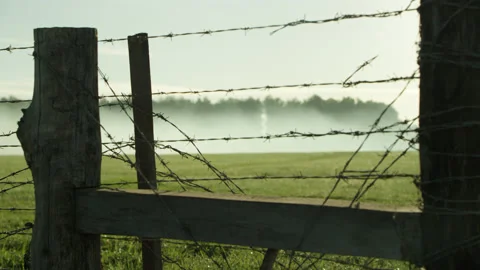Foggy Field View Through Barbed Wire Metal Fence Stock Footage 144652958