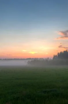 Foggy fields on sundown Stock Photos