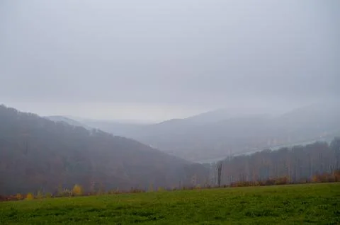 Foggy Forest, Distant Mountains Stock Photos