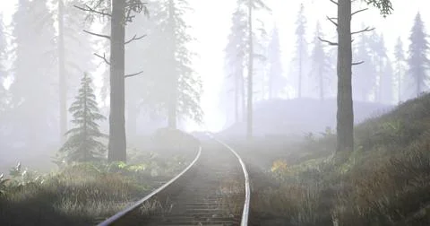 Foggy forest railway path inviting exploration through tall trees Stock Illustration