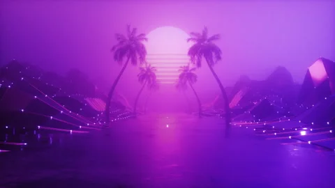 Foggy Glowing SynthWave Style Endless Road with Palm trees and Sun Loop Stock Footage 281605656