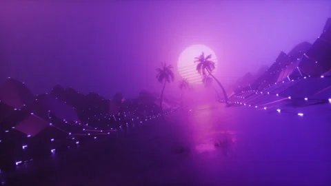Foggy Glowing SynthWave Style Endless Road with Palm trees and Sun Looped Ba Stock Footage 281605677