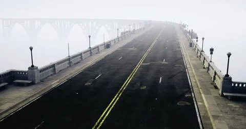 Foggy highway leading to a bridge shrouded in mist at dawn Stock Illustration