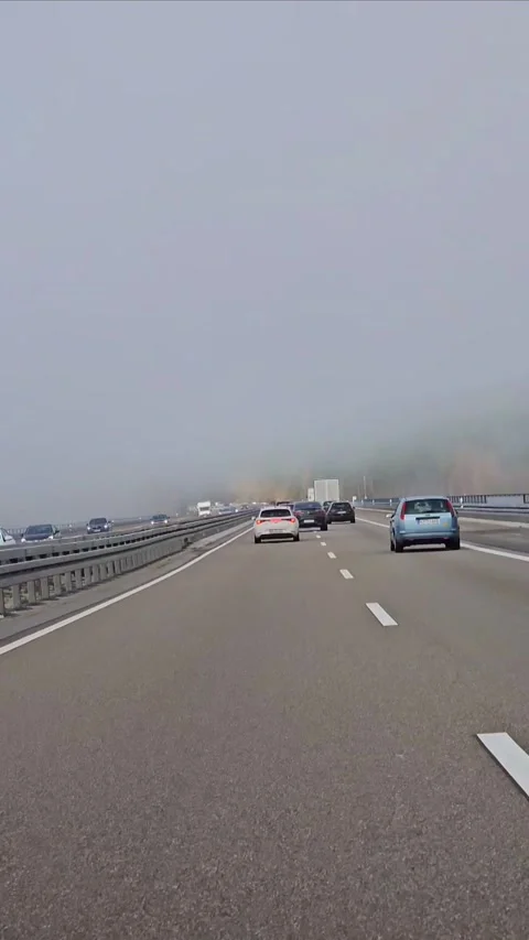 On a foggy highway, through lush greenery. Typical road conditions and role of Stock Footage 308413046