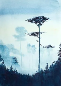 Foggy landscape with pine trees Stock Illustration
