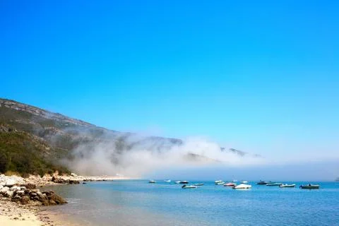 Foggy landscape in Porting da Arrabida, Portugal Stock Photos