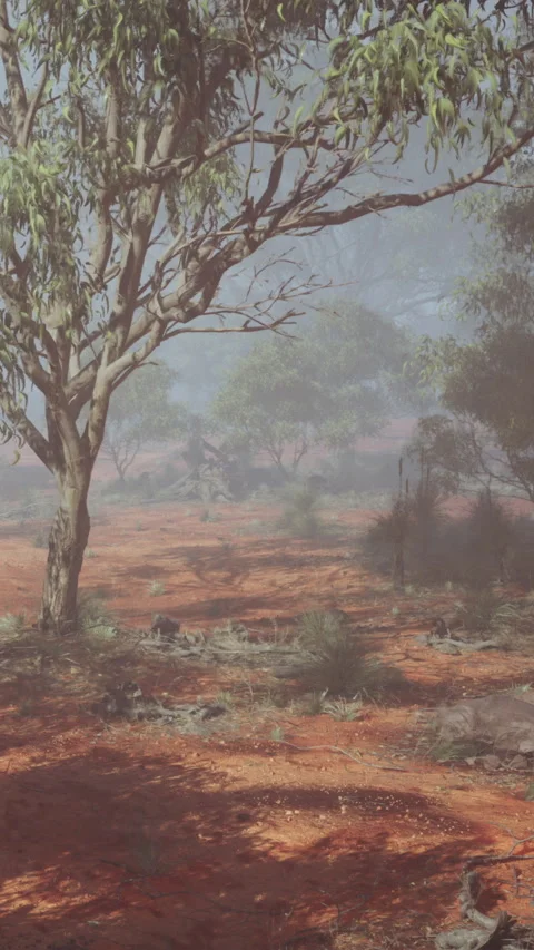 Foggy landscape with trees and dry ground in an Australian bush setting Stock Footage 340633007