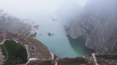 Foggy Marina and Cliffs on Berlengas Island, Portugal Stock Footage 320267473