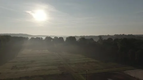 Foggy Meadows and Tree Lines at Sunrise, Misty Countryside, Aerial Drone Shot Stock-Footage 341325618