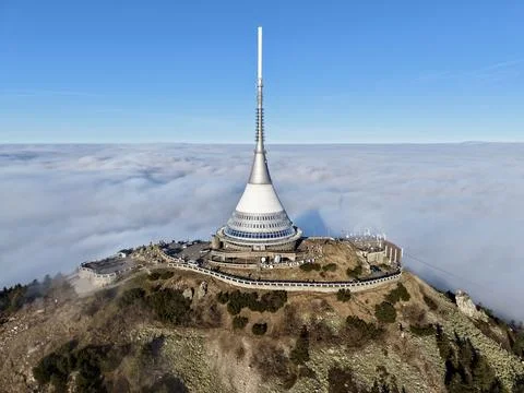 Foggy Peak With Viewing Platform, Elevated Rocky Ridgeline Presents Panoramic Stock Photos