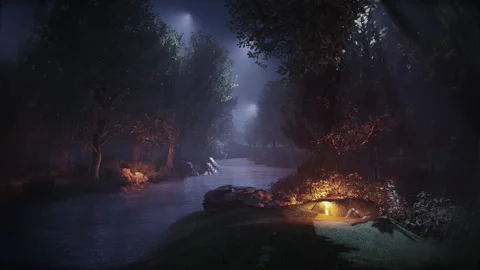 Foggy river by the forest in the evening. Stock Footage 264653053