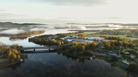 Foggy river in an industrial section Stock Footage 253342850