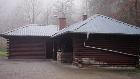 Foggy Rural Cabin With Bare Trees, Paved Driveway And Damp Metal Roof Quiet Mist Stock Footage 323630626