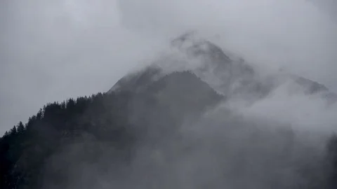 Foggy Storm Clouds Rolling Over Swiss Alps Forest - Lauterbrunnen Switzerland Stock Footage 80602144