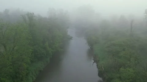 Foggy Stream Aerial Stock Footage 205785815