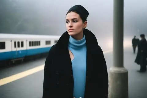 A foggy train station setting featuring a women with hat Illustration