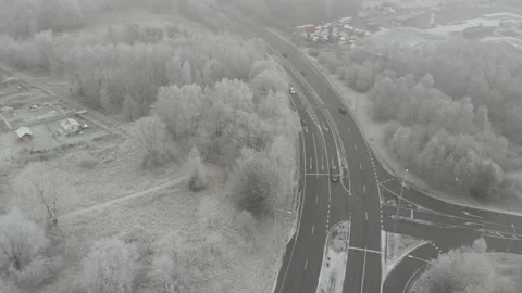 Foggy View Country Road Intersection, Scandinavian Winter, Pull Back Aerial Stock Footage 147016833