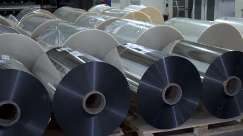 Foil in large rolls. Large bobbins with foil inside printing house Stock Footage 262229088