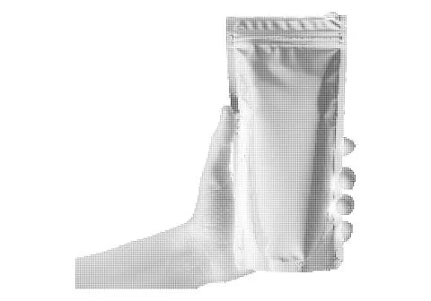 Foil pouch held in hand halftone vector illustration for product packaging .. Illustrazione stock