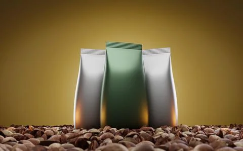 Foil pouch or doypack with coffee beans on golden background. Blank stand up Stock Illustration
