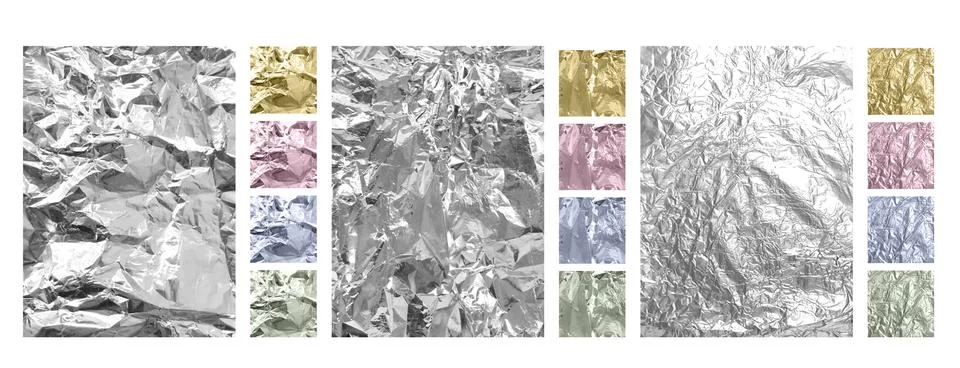 Foil wrinkled texture vector set, aluminum paper sheets different pastel colors Stock Illustration