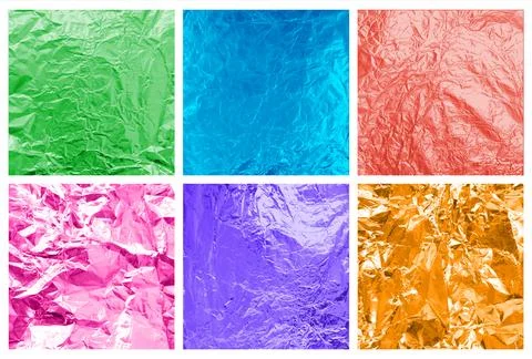 Foil wrinkled texture vector set, realistic aluminum paper sheets different Stock Illustration