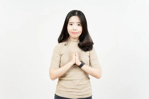 Fold Hands and Apologize, Say Sorry Of Beautiful Asian Woman Isolated On Whit Stock Photos