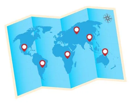 Fold world map with red gps icon Stock Illustration