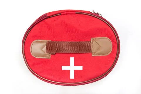 Foldable first aid kit bag for travel items on a white background. travel a.. Stock Photos
