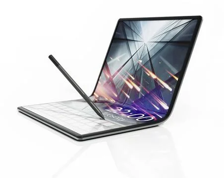 Foldable tablet computer and pen isolated on white background. 3D illustra... Stock Photos