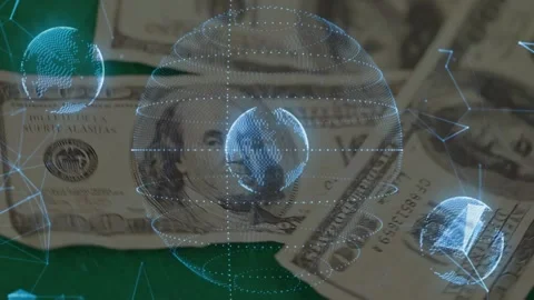 Folded $100 sliding from lower-right, dotted globe rotating, revealing bills, 動画素材 329832274