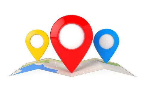 Folded Abstract Navigation Map with Three Target Map Pointer Pins. 3d Renderi Stock Illustration