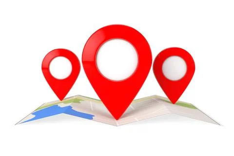 Folded Abstract Navigation Map with Three Target Map Pointer Pins. 3d Renderi Stock Illustration